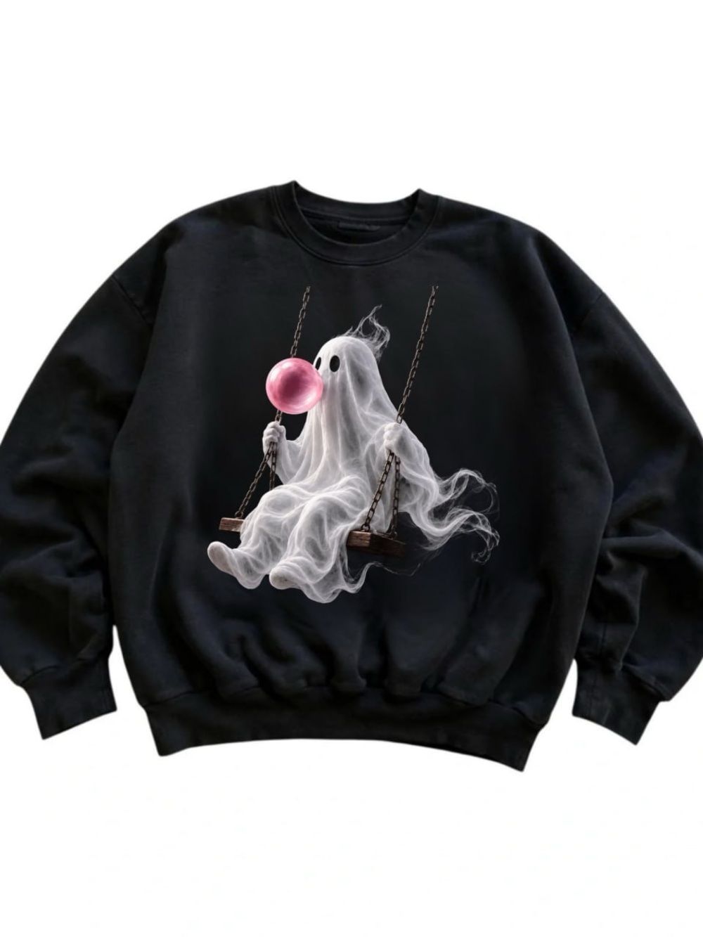 Black Sweatshirt with Ghost-on-Swing Graphic and Pink Bubble